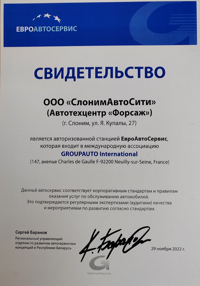 Свидетельство авторизованной станции ЕвроАвтоСервис